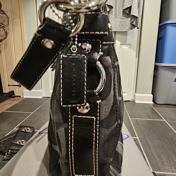 COACH Zoe Signature Black Canvas Hobo Shoulder Bag with Black Leather Trim - Picture 5 of 16